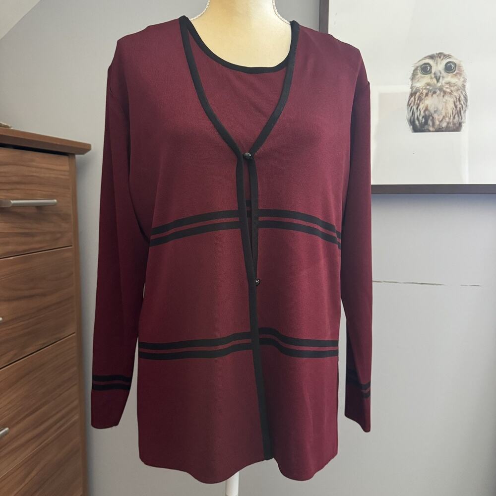 Exclusively Misook Burgundy w/ Black Stripes Button Cardigan & Tank Sz Medium